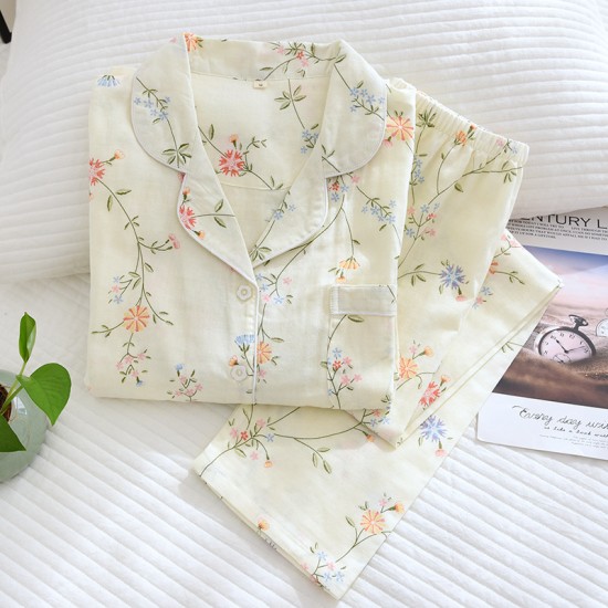 2025 spring new pure cotton gauze pajamas, women's loungewear set, long-sleeved, thin crepe, summer cotton