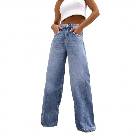 American retro straight-leg ripped jeans for women, European and American cross-border 2025 summer new wide-leg pants for foreign trade