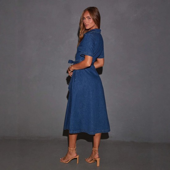 2025 New Cross-Border Retro V-Neck Tie-Drape Denim Dress, Fashionable French Elegant Dress for Women