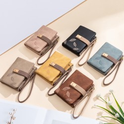 New cross-border retro casual drawstring women's wallet, leaf PU wallet, short female wallet, student coin purse