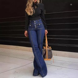 2025 spring new European and American button-down high-waisted jeans for women, slimming and elegant flared trousers, now in stock.