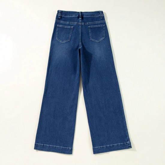 European and American Cross-Border Amazon Spring 2025 New Dark Blue High-Waisted Wide-Leg Jeans for Women, Fashionable Retro Straight-Leg Pants