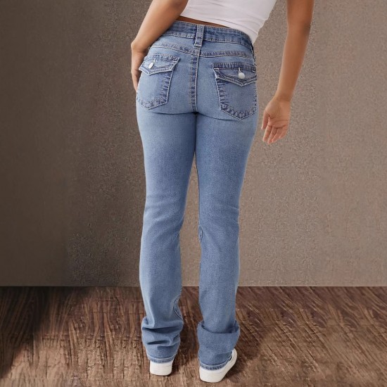 Amazon Foreign Trade Cross-border 2025 Spring New Double-Button Mid-Rise Straight Jeans for Women, Slim Fit, Elegant Pants