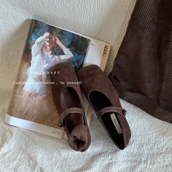 Square-Toed Mary Jane Shoes for Women, Fall/Winter 2023 New Suede Strappy Retro Dress-Paired Plush Shoes