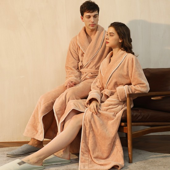 End of year INSS flannel robe for men, simple, large-size coral fleece couple's bathrobe for women, long, thick, autumn and winter.