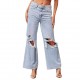 2025 European and American Knee-Ripped Jeans for Women, High-Waisted, Long, Wide-Leg, Light-Washed Casual Pants