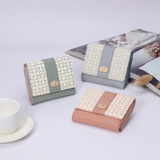 New women's short wallet, fresh-looking, floral print, PU clasp, zippered, multifunctional, student coin purse.