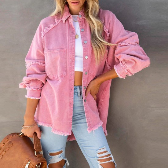 Factory direct 2025 Autumn European and American long-sleeved denim jacket for women, washed, raw-edged, mid-length, loose-fitting jacket in stock.