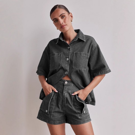 Amazon Foreign Trade Cross-Border 2025 Summer European and American women's casual retro loose shirt and denim shorts set