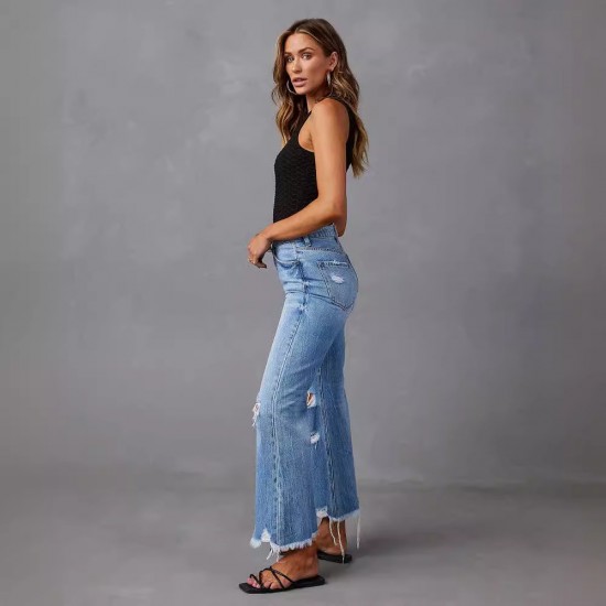 2025 cross-border new wide-leg pants, tasseled, washed, tie-dyed, ripped high-waisted jeans, straight-leg casual trousers for women.