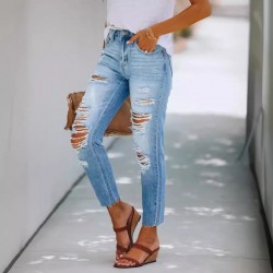 2025 summer stylish, simple European and American ripped, slim-fitting washed denim pants for women