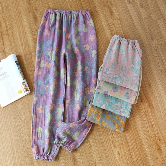 Summer women's cropped pajamas, pure cotton washed cotton plaid loungewear, loose, all-cotton casual pants, suitable for outer wear