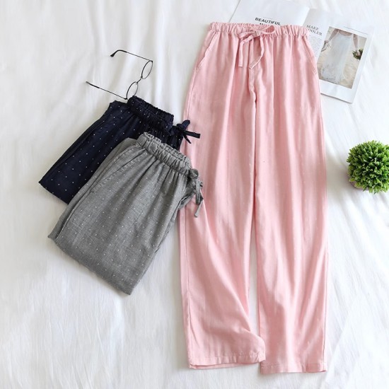 Couples' pajama pants, pure cotton double-layer gauze, thin, men's and women's, loose, spring and autumn, all-cotton casual trousers.