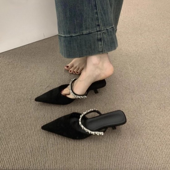 French-style high-end rhinestone single-strap half-slippers for women, 2025 new pointed-toe high-heeled mules for outdoor wear French-style high-end rhinestone single-strap half-slippers for women, 2025 new pointed-toe high-heeled mules for outdoor wear