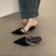 French-style high-end rhinestone single-strap half-slippers for women, 2025 new pointed-toe high-heeled mules for outdoor wear French-style high-end rhinestone single-strap half-slippers for women, 2025 new pointed-toe high-heeled mules for outdoor wear