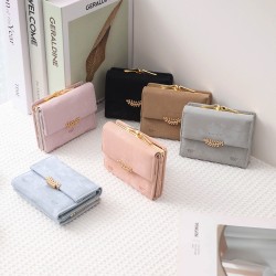 New Short Wallet, Women's Refreshing Japanese and Korean-style leaf-printed hardware buckle multifunctional card and coin purse