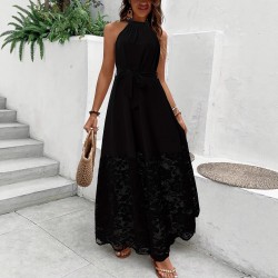 2025 new European and American elegant halter neck sleeveless dress with adjustable lace belt and waist.
