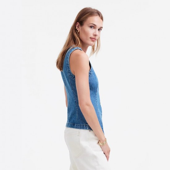 2025 summer new European and American cross-border trade sleeveless slim-fit denim vest for women, round-neck waistcoat