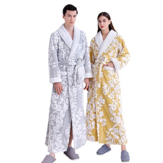 Autumn and winter new silver-gray double-layer thickened jacquard cotton velvet nightgown for men, long plus-length velvet bathrobe for women