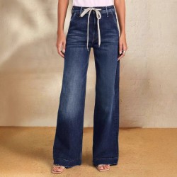 Foreign Trade Wholesale European and American Women's 2025 Spring New Lace-Up Stretch Jeans, Straight-Leg, Elegant Wide-Leg Pants