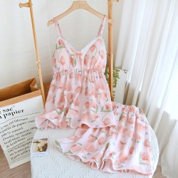2023 new summer pajamas, pure cotton gauze, thin shorts and plus-size loungewear, two-piece set.