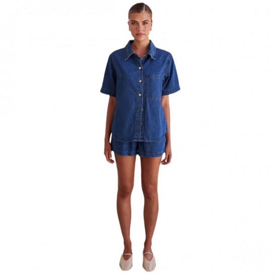 Casual style 2025 summer new cross-border foreign trade washed retro solid color short-sleeved shirt and shorts denim suit for women