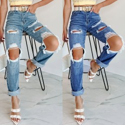 Factory Direct American Straight-Leg Women's Jeans High-Waisted Slimming 2022 New European Imported Foreign Trade Ripped Jeans