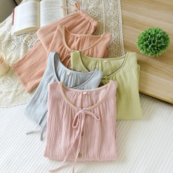 Women's pure cotton double-layer gauze pajamas, round neck, long sleeves, thin, loose-fitting, spring, summer, and autumn loungewear set.