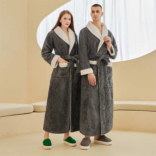 Men's double-layered, thickened, comfortable cotton velvet nightgown, men's, winter long plus-size, jacquard flannel bathrobe. Autumn