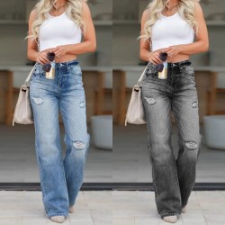 2025 New European and American Amazon Cross-Border Loose, Versatile and Comfortable Women's high-waisted straight-leg ripped jeans