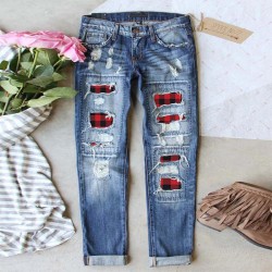 Cross-border Foreign Trade Straight Jeans for Women, 2025 New Red Plaid Print Patchwork, Ripped Pants, In Stock Goods