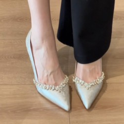 Elegant, French-style, black satin, single-strap, closed-toed, stiletto-heeled, pointed-toe sandals for women. Shoes