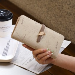 Lianbu women's long multifunctional Korean style PU clutch, large capacity, leaf print buckle zipper wallet