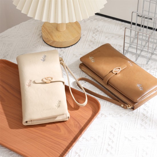 New cross-border women's wallet, long, fashionable, leaf embroidered, multifunctional, large-capacity clutch, PU wallet, wholesale.