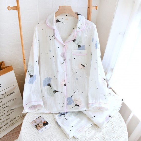 New women's pajamas, pure cotton double-layer gauze loungewear, thin, soft, spring and summer crepe loungewear New women's pajamas, pure cotton double-layer gauze loungewear, thin, soft, spring and summer crepe loungewear
