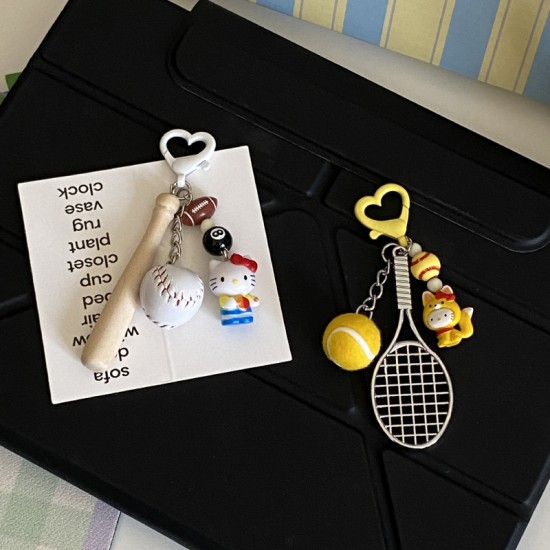 Homemade creative table tennis, badminton, KT doll keychain, cartoon sports game racket series bag charm for couples.