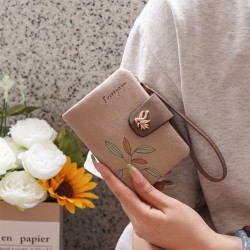 Lianbu new women's short wallet, two-fold, soft PU wallet with fashionable leaf print, buckle, zippered wallet, student wallet.