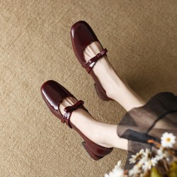 Black women's high heels, 2025 new style patent leather T-strap, pointed-toe, open-toe, block-heeled, closed-toe sandals.
