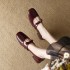 Black women's high heels, 2025 new style patent leather T-strap, pointed-toe, open-toe, block-heeled, closed-toe sandals.