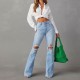 Factory direct sales of 2025 new cross-border European and American high-waisted, ripped jeans for women, street style, flared pants.