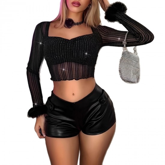 2025 Spring new cross-border women's fashion, designer fur sleeves, high-elastic, navel-baring, sexy square-neck bodycon top for women.