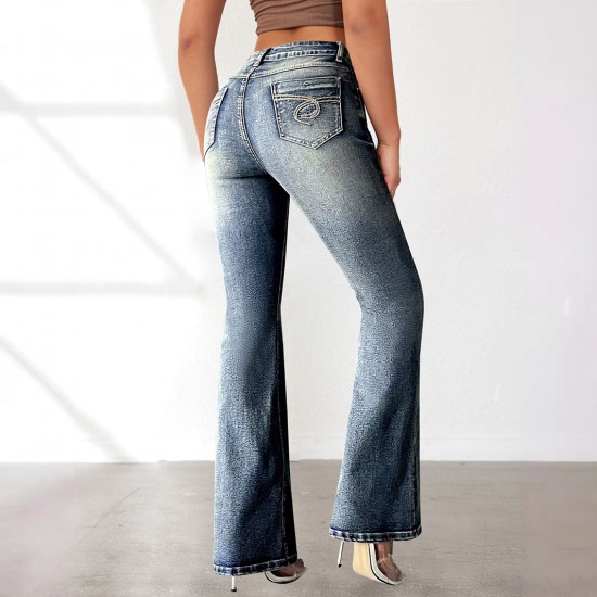 Cross-border women's fashion: high-elastic pocket embroidered vintage jeans, slim-fitting, hip-lifting flared pants Cross-border women's fashion: high-elastic pocket embroidered vintage jeans, slim-fitting, hip-lifting flared pants