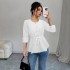 European and American mid-sleeved open shirt for women, 2025 spring and autumn new style, elegant casual round-neck drawstring waisted top