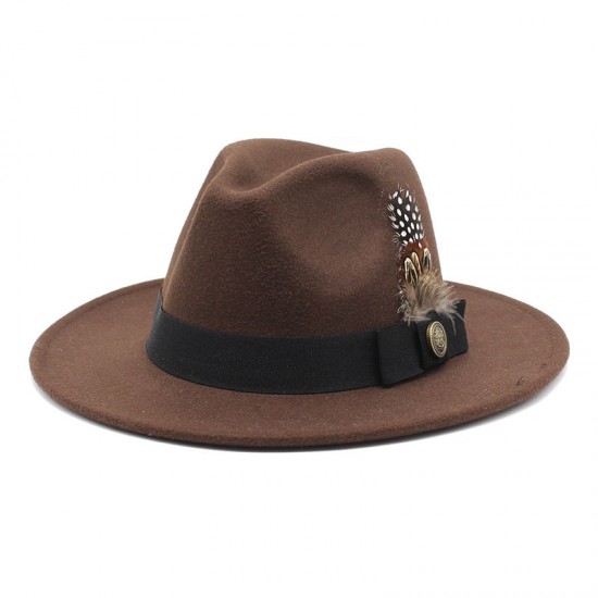 White woolen gentleman's classic British jazz feather hat with a flattering face shape, woolen felt hat for men and women