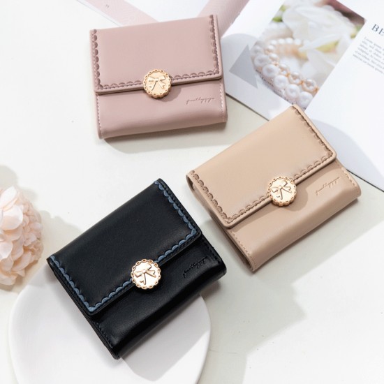 Lianbu Leather Goods 2022 New Women's Short Wallet, Japanese and Korean Tri-Fold Buckle, PU Soft Embroidered Student Wallet