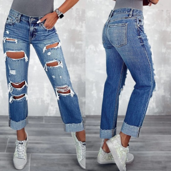 Factory direct sales: 2025 new cross-border women's ripped jeans with pockets, slimming, European straight-leg pants Factory direct sales: 2025 new cross-border women's ripped jeans with pockets, slimming, European straight-leg pants