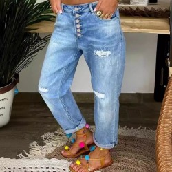 2025 European and American Cross-Border New Blue Ripped Jeans for Women, Loose Straight-Leg Casual Pants, In Stock