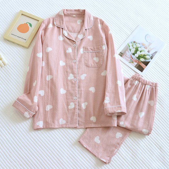 Summer women's pajamas, pure cotton double-layer gauze, thin, short-sleeved, cropped, round-neck, two-piece loungewear set for outdoor wear