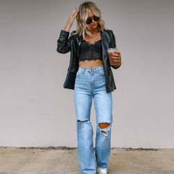 Factory Direct 2025 Independent European and American Women's Jeans: Ripped Slimming Raw-Edged Straight-Leg Wide-Leg Pants: In Stock
