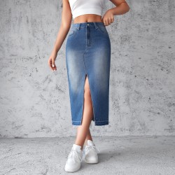In-Stock Factory Direct European and American Cross-Border Blue Denim Skirts for Women, Slit, Hip-Wrapping, A-Line, Slimming Long Skirts